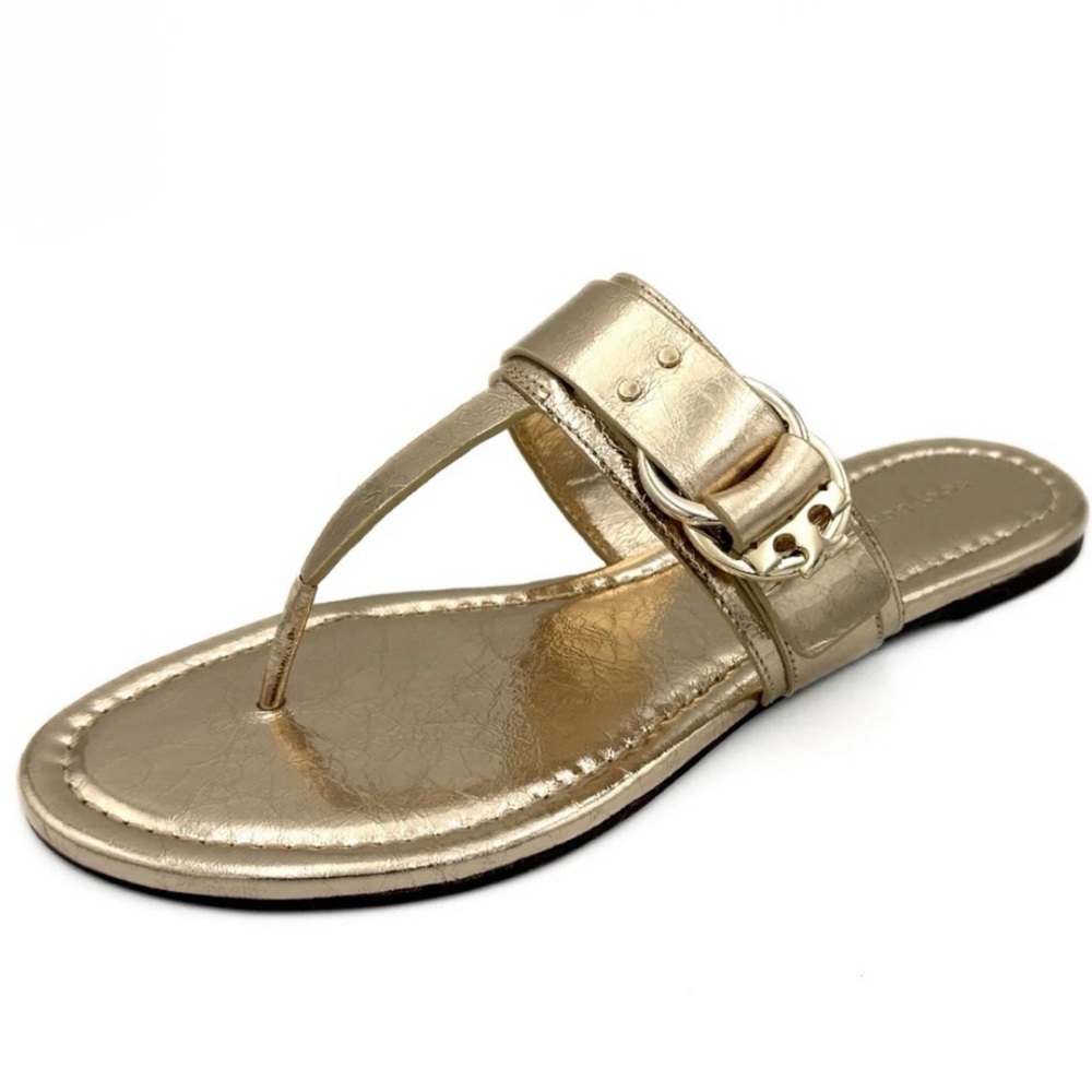 NEW Tory Burch Selby Women 7.5 Leather Thong Sandal Spark Gold Metallic Buckle